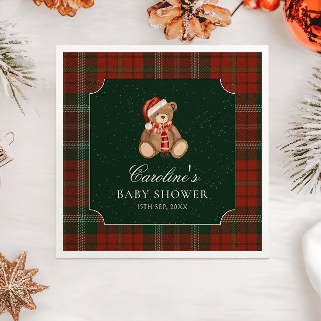 Red Plaid Teddy Bear Christmas Baby Shower Napkins (Creator Uploaded)