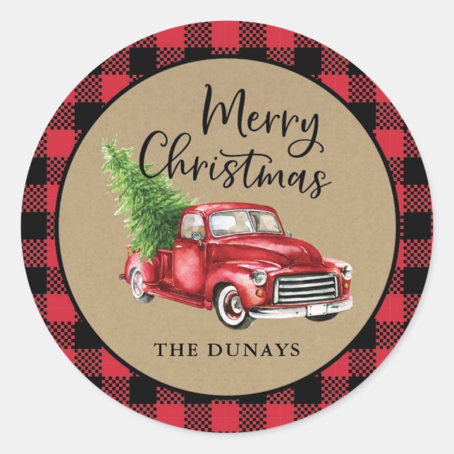 Red Plaid Truck Christmas Sticker (Front)