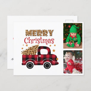Red Plaid Truck Merry Christmas Kids Family Photo Holiday Postcard