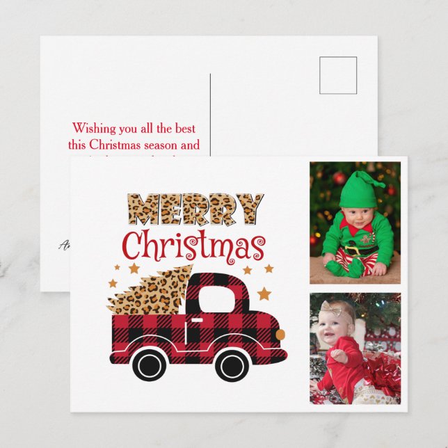 Red Plaid Truck Merry Christmas Kids Family Photo  Holiday Postcard (Front/Back)