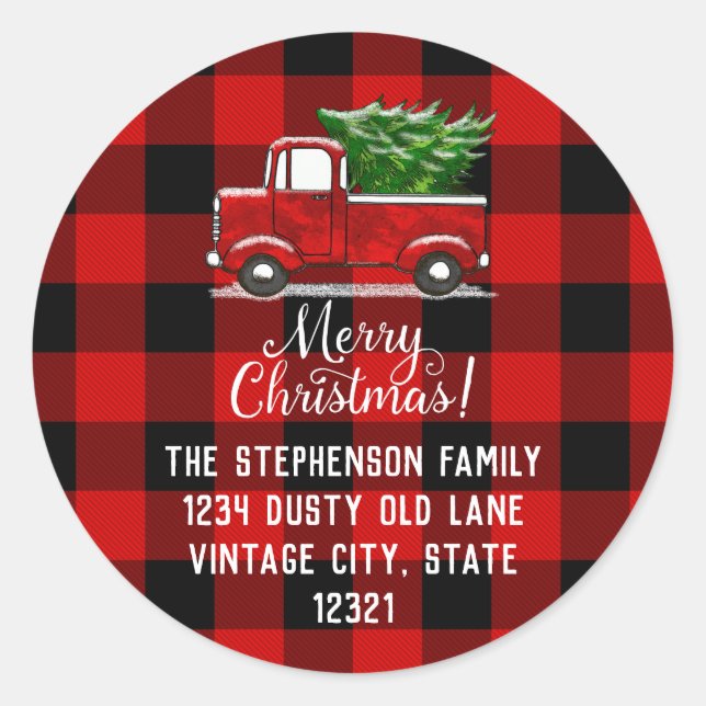 Red Plaid Truck Tree Merry Christmas Address Label (Front)