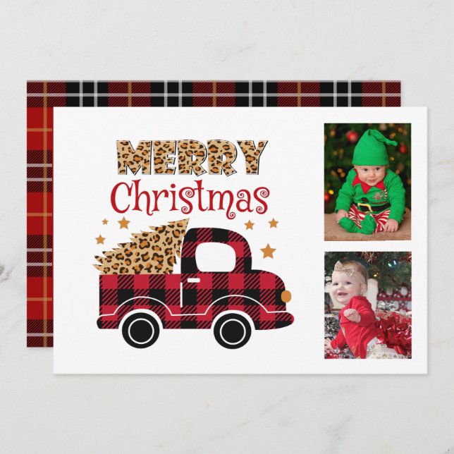 Red Plaid Truck Twins Birth Announcement Christmas (Front/Back)