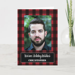 Red Plaid Warm Holiday Wishes, Photo Christmas Card