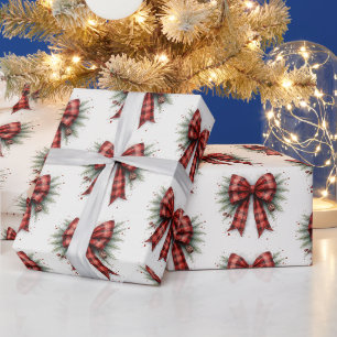 Red Plaid Watercolor Christmas Bow Wrapping Paper
