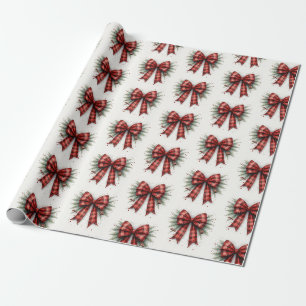 Red Plaid Watercolor Christmas Bow Wrapping Paper