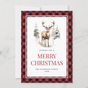 Red Plaid Watercolor Deer Snowy Merry Christmas Holiday Card