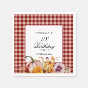 Red Plaid & Watercolor Pumpkins 70th Birthday Napkin