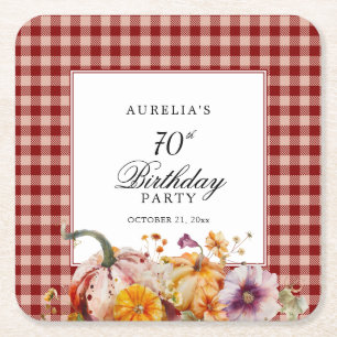 Red Plaid & Watercolor Pumpkins Birthday Party Square Paper Coaster