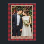 Red Plaid Wedding Photo Happy Holidays Kraft Postcard<br><div class="desc">Red Buffalo Plaid Wedding Photo Happy Holidays Kraft Postcard</div>