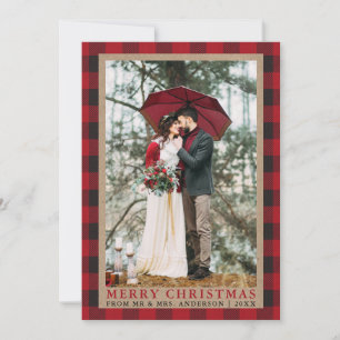 Red Plaid Wedding Photo Merry Christmas Kraft Holiday Card