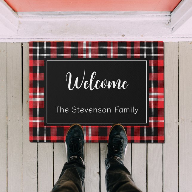 Red Plaid Welcome Monogrammed Family Name  Doormat (Creator Uploaded)