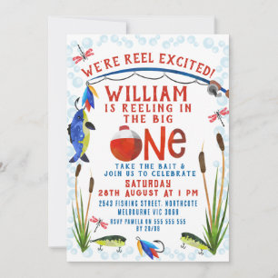 Red Plaid We're Reel Excited Fishing 1st Birthday  Invitation