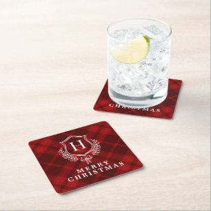 Red Plaid Winter Monogram Crest Initial Square Paper Coaster
