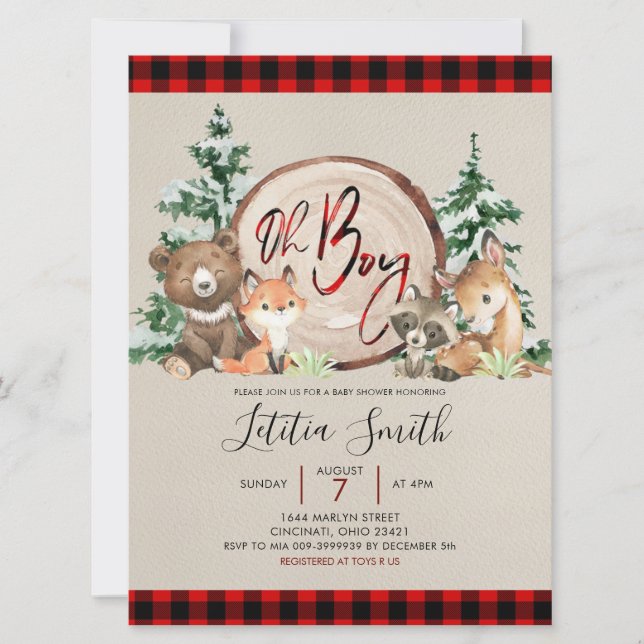 Red Plaid Winter Woodland Baby Shower Invitation (Front)