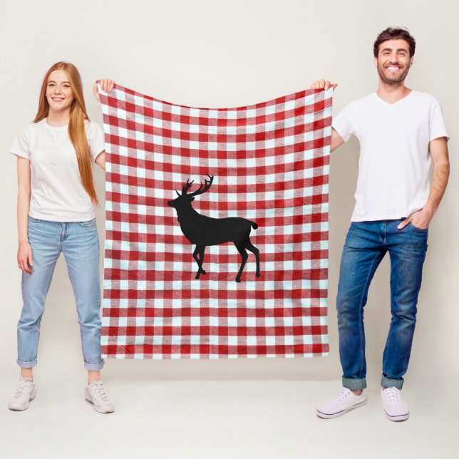 Red plaid with black deer Fleece Blanket (In Situ)