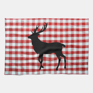 Red plaid with black deer tea towel
