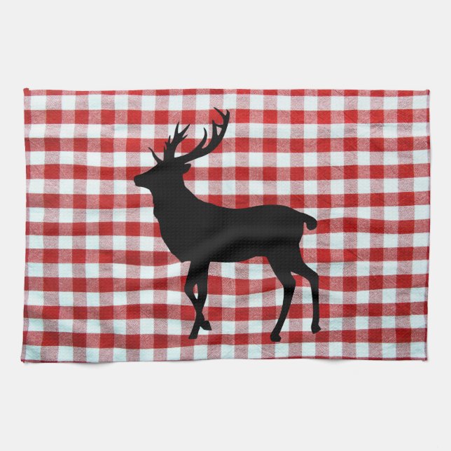 Red plaid with black deer tea towel (Horizontal)