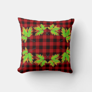 Red Plaid with Fall Maple Leaves Cushion