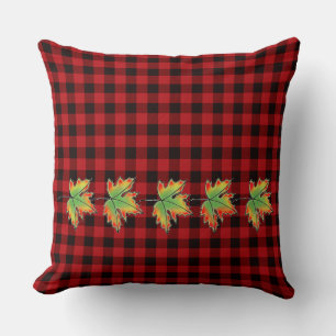 Red Plaid with Fall Maple Leaves Cushion