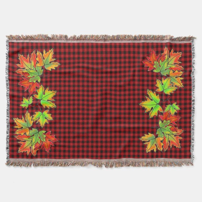 Red Plaid with Fall Maple Leaves Throw Blanket (Front)