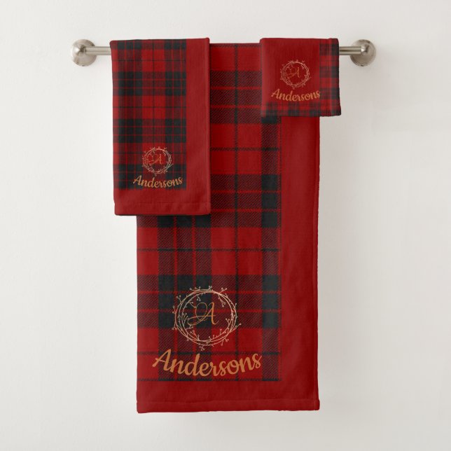 Red Plaid With Family Name Monogram Christmas Bath Towel Set (Insitu)