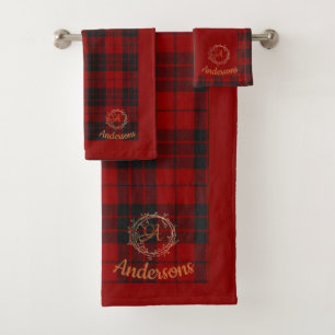 Red Plaid With Family Name Monogram Christmas Bath Towel Set