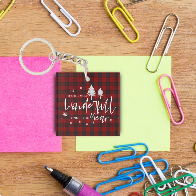 Red Plaid Wonderful Time Of Year Christmas Gift Key Ring (Red Plaid Wonderful Time Of Year Christmas Gift Keychain)