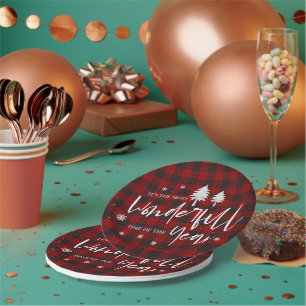 Red Plaid Wonderful Time Of Year Christmas Party Paper Plate