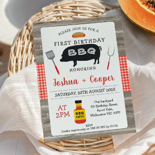 Red Plaid Wood Twins Black Pig BBQ 1st Birthday Invitation