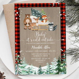 Red Plaid Woodland Lumberjack Snowy Baby Shower Invitation