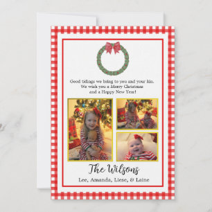 Red Plaid Wreath with Bow Photo Christmas Card