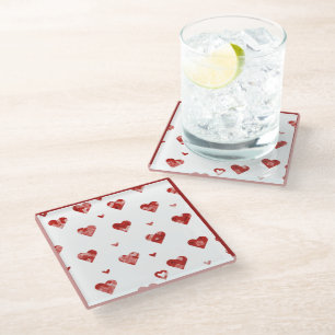 Red Plaided Hearts Design  Glass Coaster