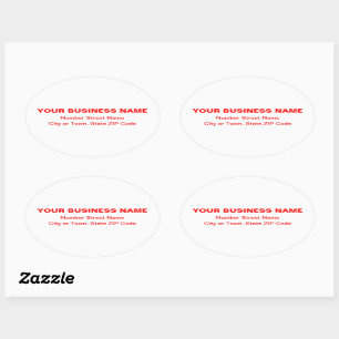 Red Plain Texts Business Address on White Oval Sticker