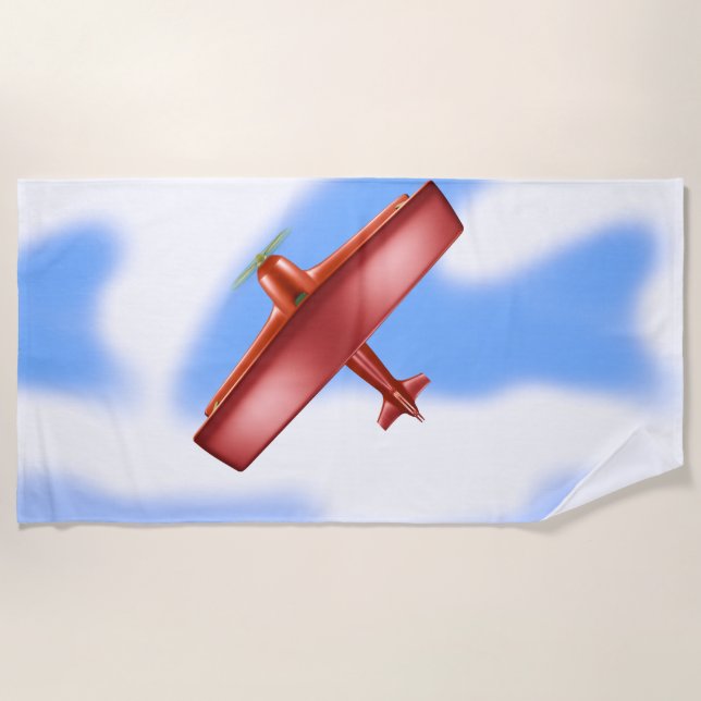 Red Plane Aviation Sky Blue Clouds Beach Towel (Front)