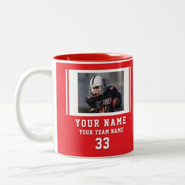 Red Player Name Number Team Photo Two-Tone Coffee Mug (Left)