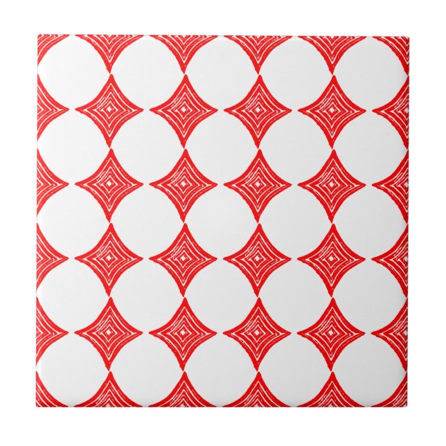 Red Playing Card Symbol Diamond Shape Lino Cut Ceramic Tile (Front)