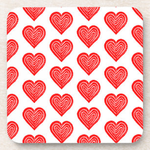 Red Playing Card Symbol Heart Shape Lino Cut Coaster