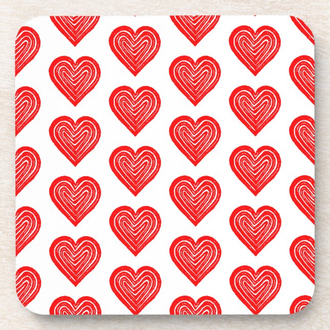 Red Playing Card Symbol Heart Shape Lino Cut Coaster (Front)