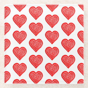 Red Playing Card Symbol Heart Shape Lino Cut Glass Coaster