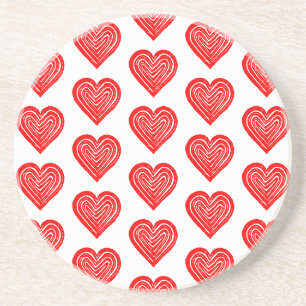 Red Playing Card Symbol Heart Shape Lino Cut Round Coaster