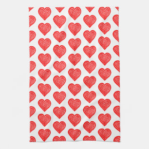 Red Playing Card Symbol Heart Shape Lino Cut Tea Towel