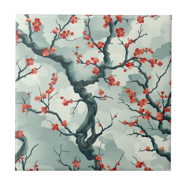 Red Plum Blossom Sage Green Ink Wash Pattern Ceramic Tile (Front)