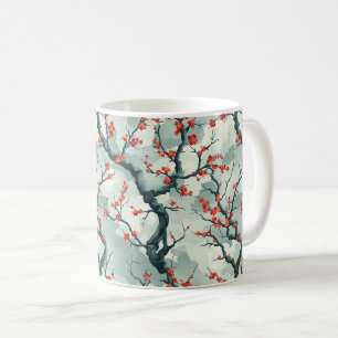 Red Plum Blossom Sage Green Ink Wash Pattern Coffee Mug