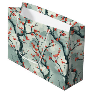 Red Plum Blossom Sage Green Ink Wash Pattern Large Gift Bag