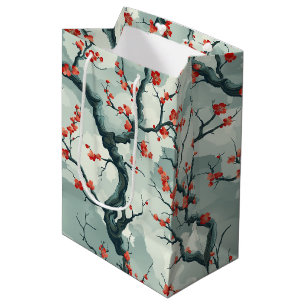 Red Plum Blossom Sage Green Ink Wash Pattern Medium Gift Bag