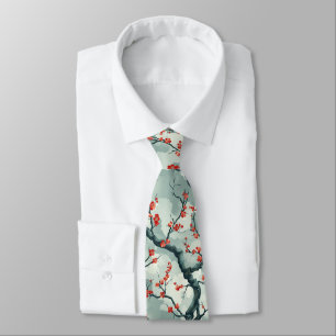 Red Plum Blossom Sage Green Ink Wash Pattern Tie