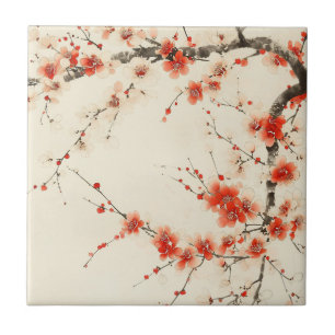 Red Plum Blossom Watercolor - Oriental Floral Art Ceramic Tile