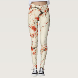 Red Plum Blossom Watercolor - Oriental Floral Art Leggings