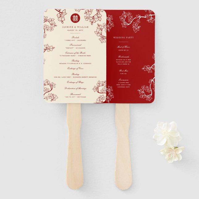 Red Plum Blossoms Double Happiness Wedding Program Hand Fan (Front and Back)