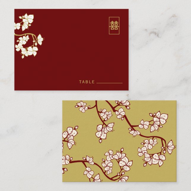 Red Plum Blossoms Modern Florals Asian Wedding Place Card (Front/Back)